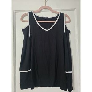French Kyss Black Shoulder Cut Out Long Sleeve Shirt Size Small White Trim